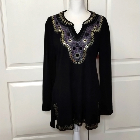 Zashi pullover blouse large black sequin back long sleeve top purple gold - Picture 1 of 10